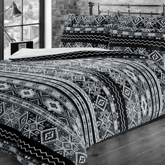 Aztec Printed Teddy Duvet Set With Reversible Sherpa Fleece Fur