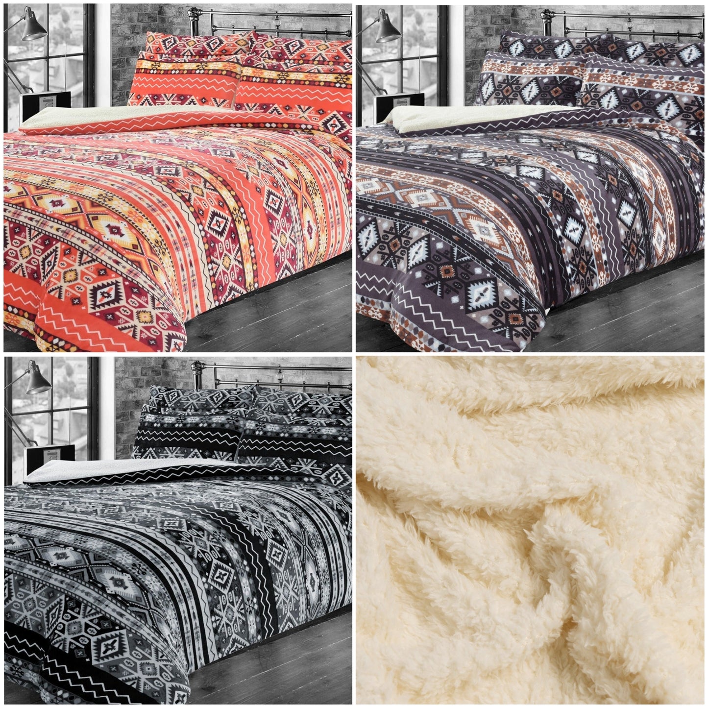 Aztec Printed Teddy Duvet Set With Reversible Sherpa Fleece Fur