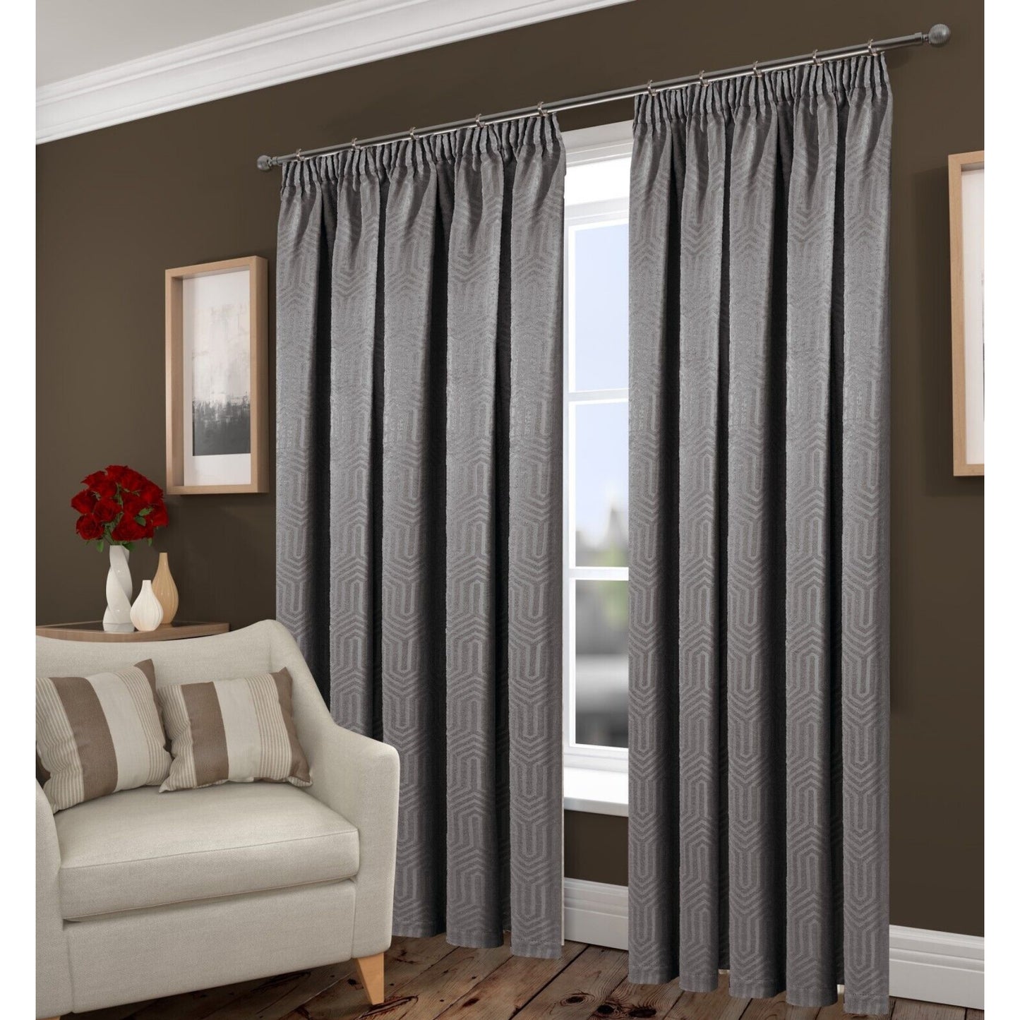 Grey Thermal Blockout Jacquard Pencil Pleat Curtains