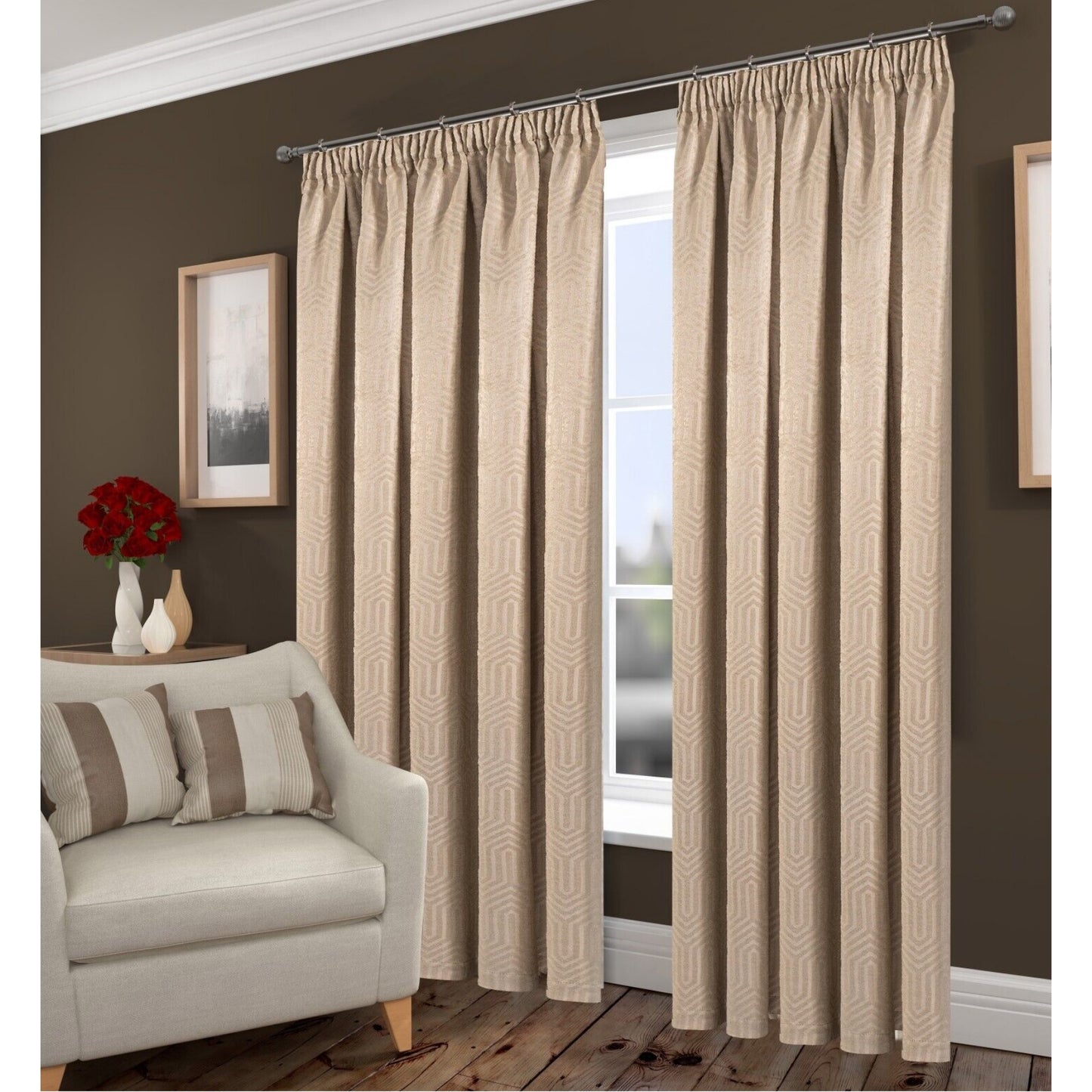 Thermal Blockout Jacquard Pencil Pleat Curtains (Natural/Gold)