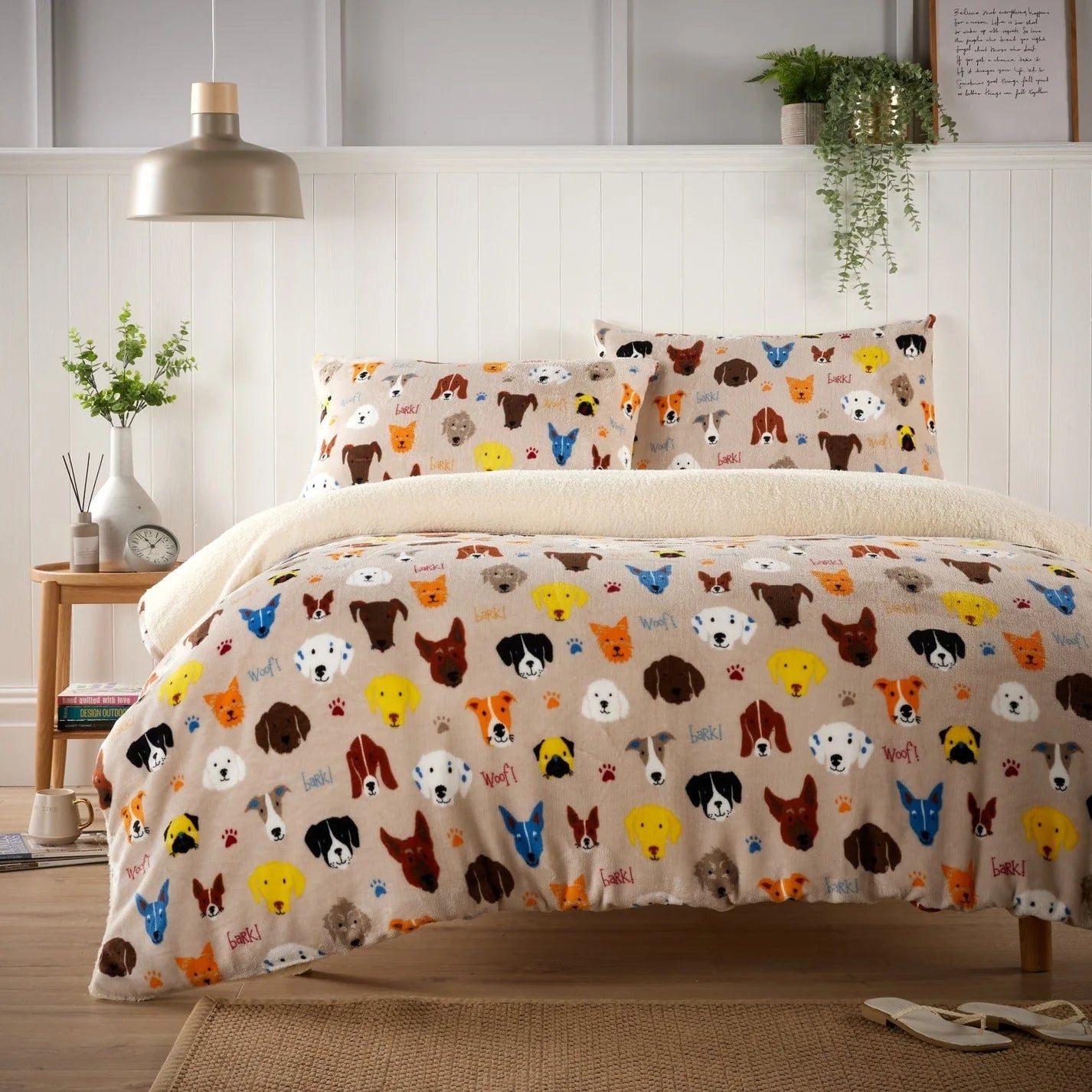 Dogs Printed Teddy Duvet Set With Reversible Sherpa Fleece Fur