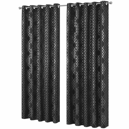 Black and Silver Geo Sparkle Blackout Eyelet Curtain Pair