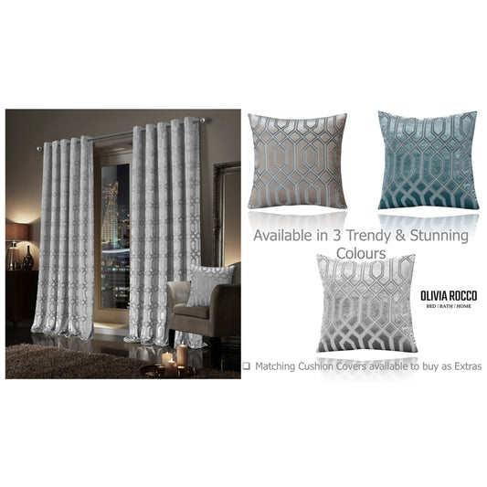 Grey Geo Velvet Thermal Blackout Eyelet Luxury Curtain Pair