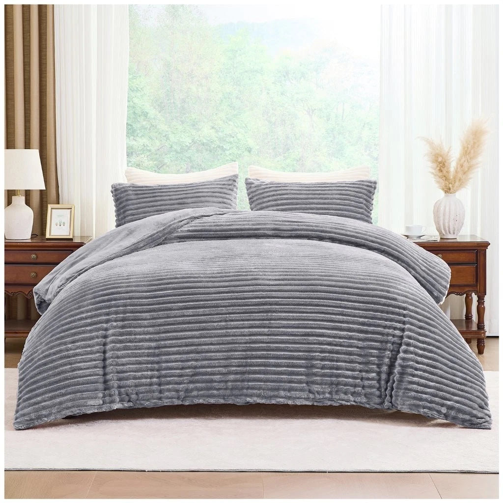Chunky Rib Teddy Fleece Duvet Set Silver