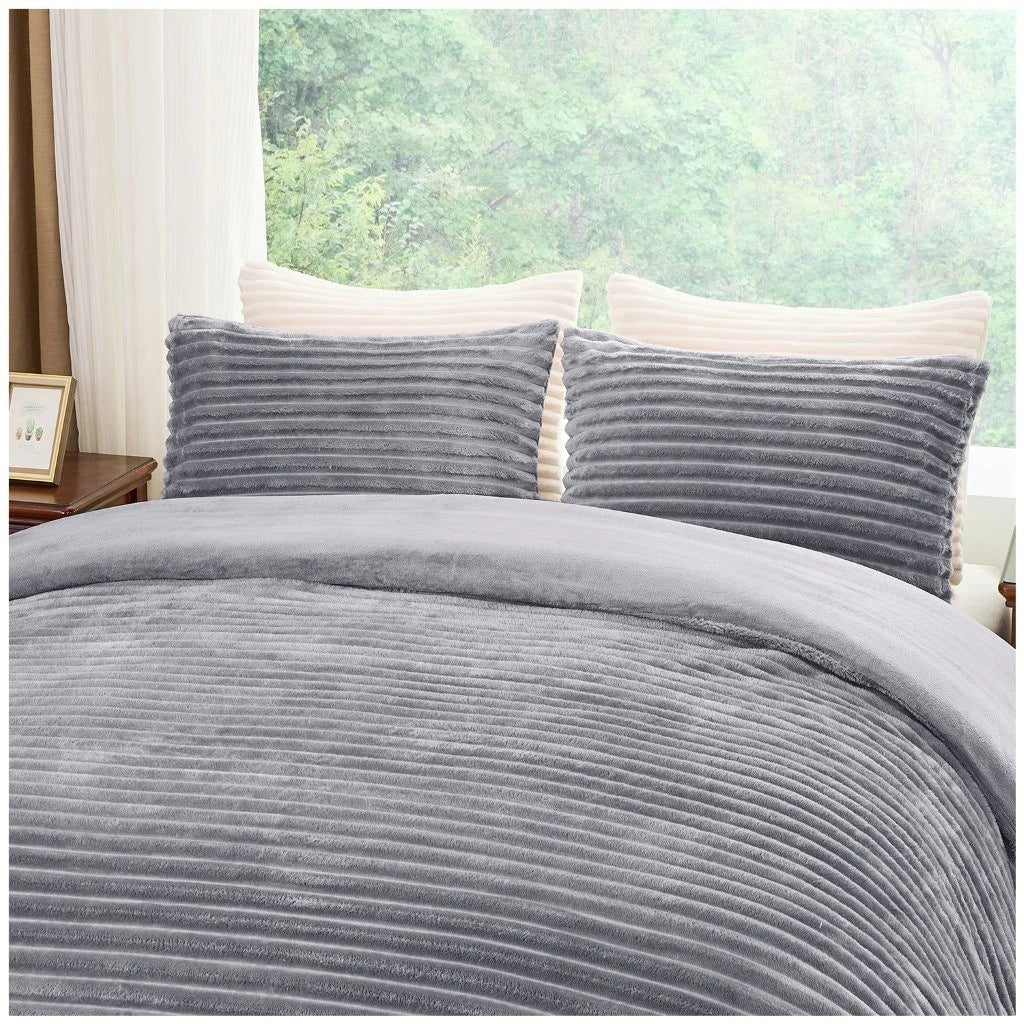 Chunky Rib Teddy Fleece Duvet Set Silver