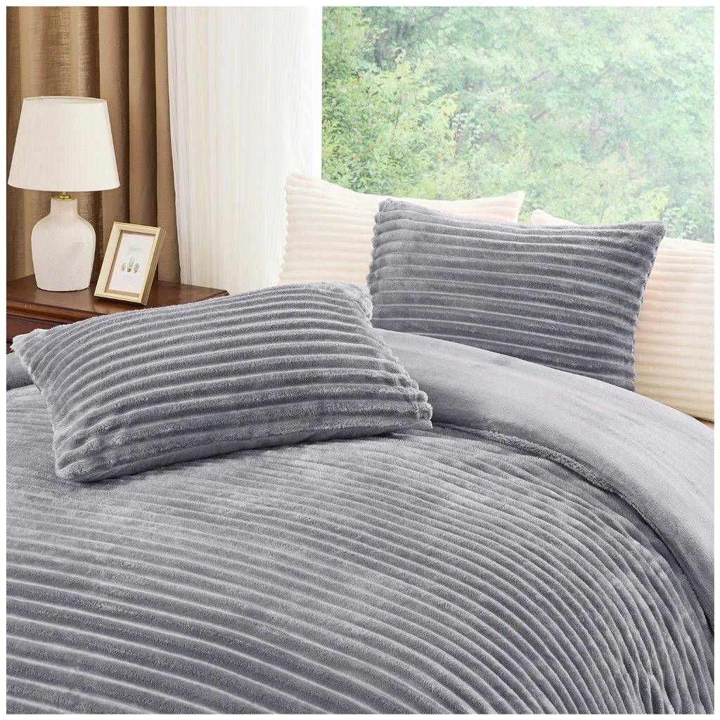 Chunky Rib Teddy Fleece Duvet Set Silver