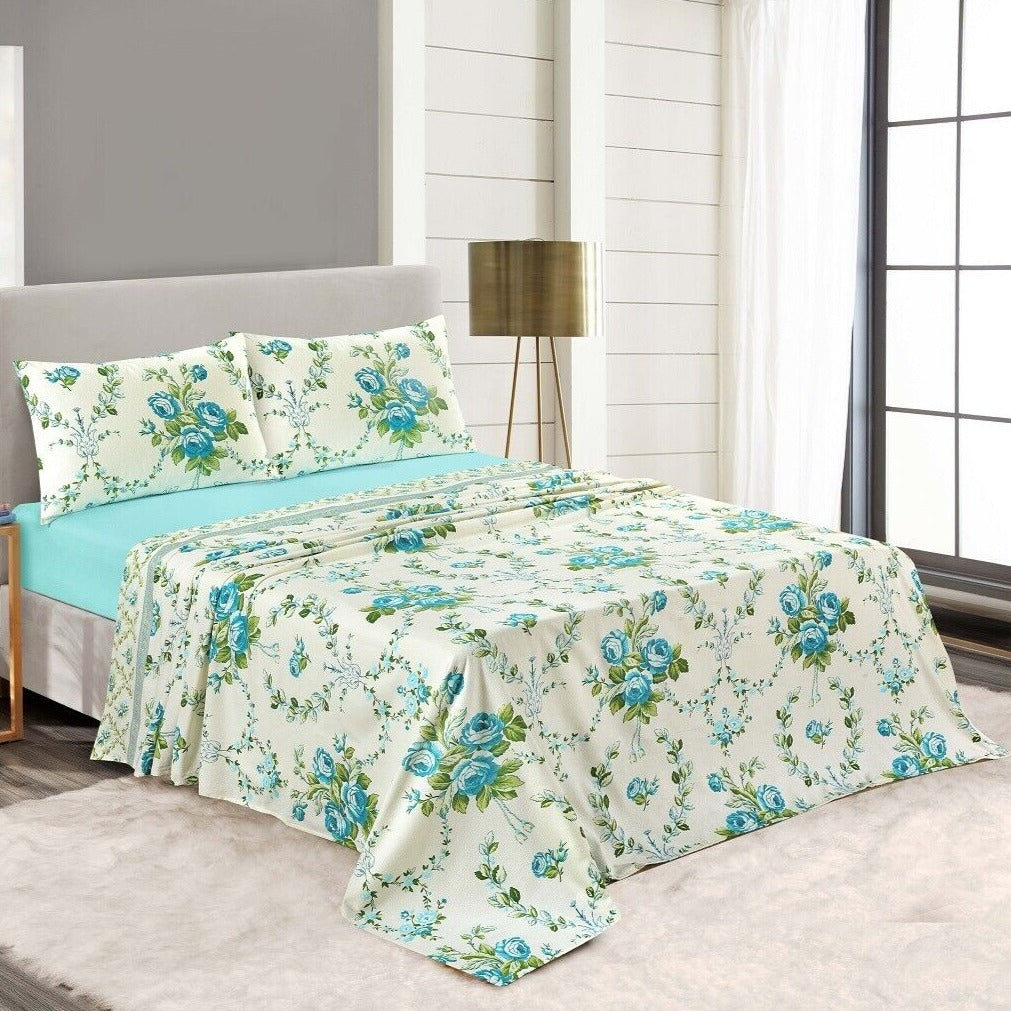 Teal Floral Flannelette Brushed Cotton Thermal Sheet Set