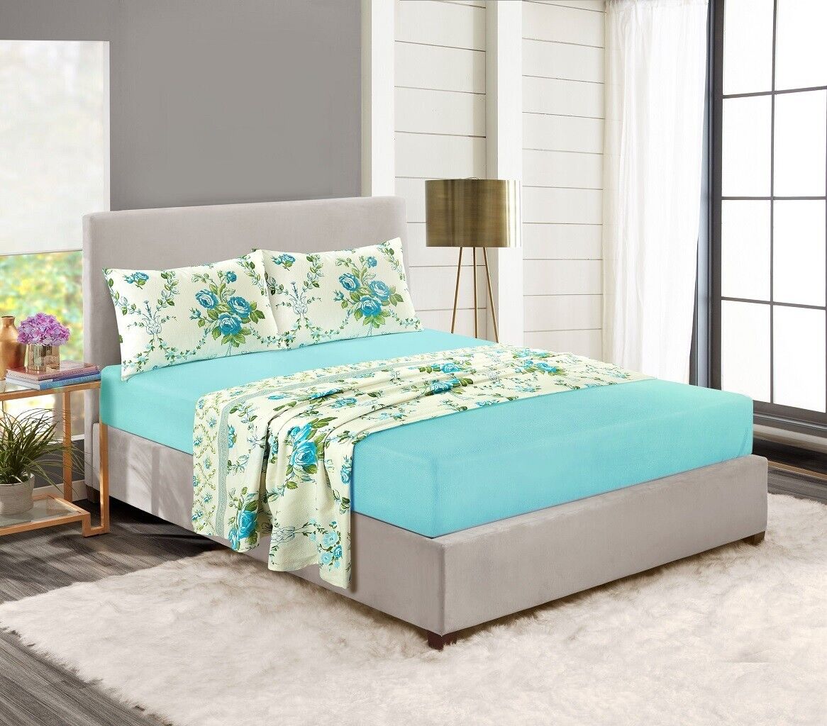 Teal Floral Flannelette Brushed Cotton Thermal Sheet Set