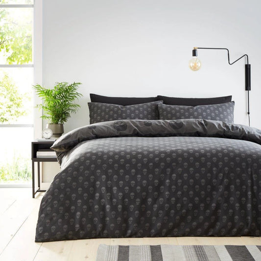 Charcoal Grey Skull Reversible Duvet Set