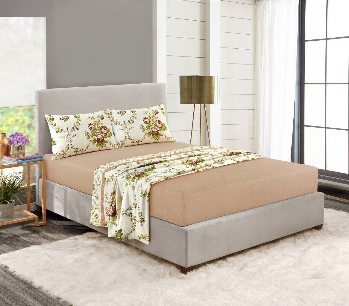 Natural Floral Flannelette Brushed Cotton Thermal Sheet Set