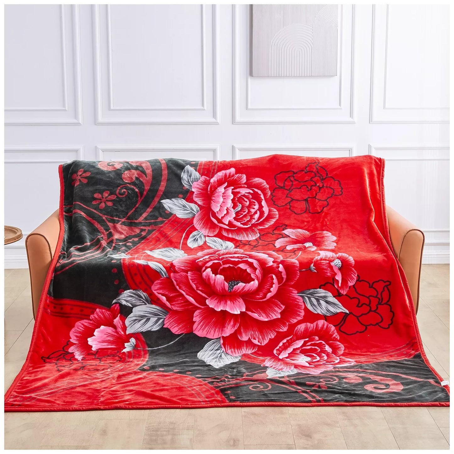 Floral Red and Green Reversible 4KG Soft Embossed Heavyweight Blanket