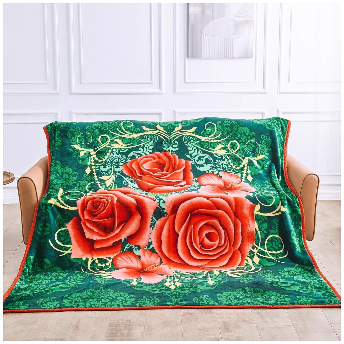 Floral Red and Green Reversible 4KG Soft Embossed Heavyweight Blanket