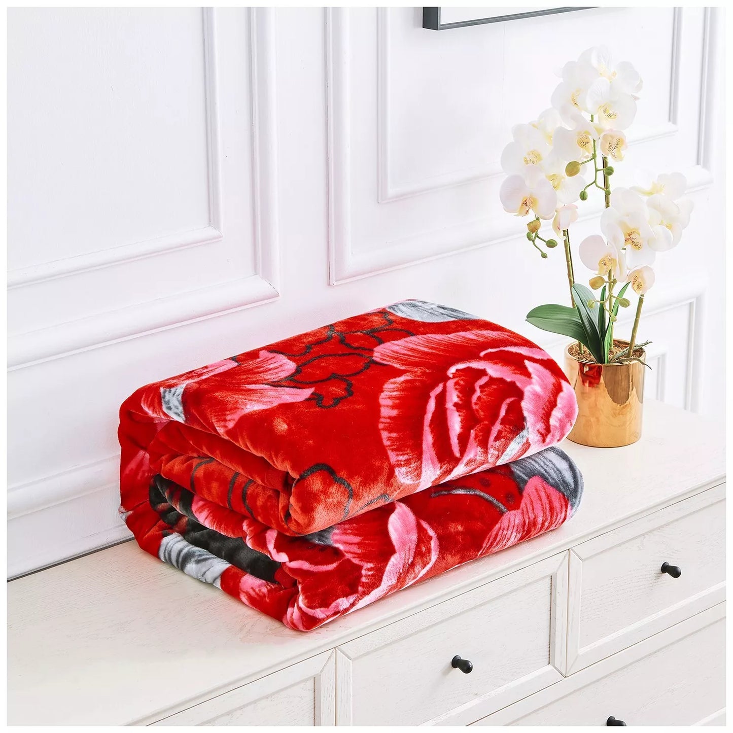 Floral Red and Green Reversible 4KG Soft Embossed Heavyweight Blanket