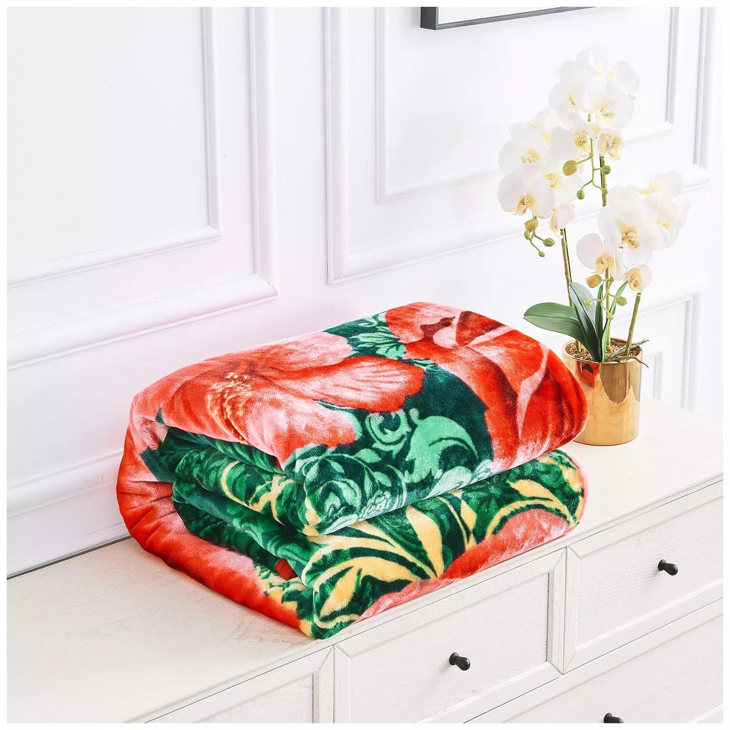 Floral Red and Green Reversible 4KG Soft Embossed Heavyweight Blanket