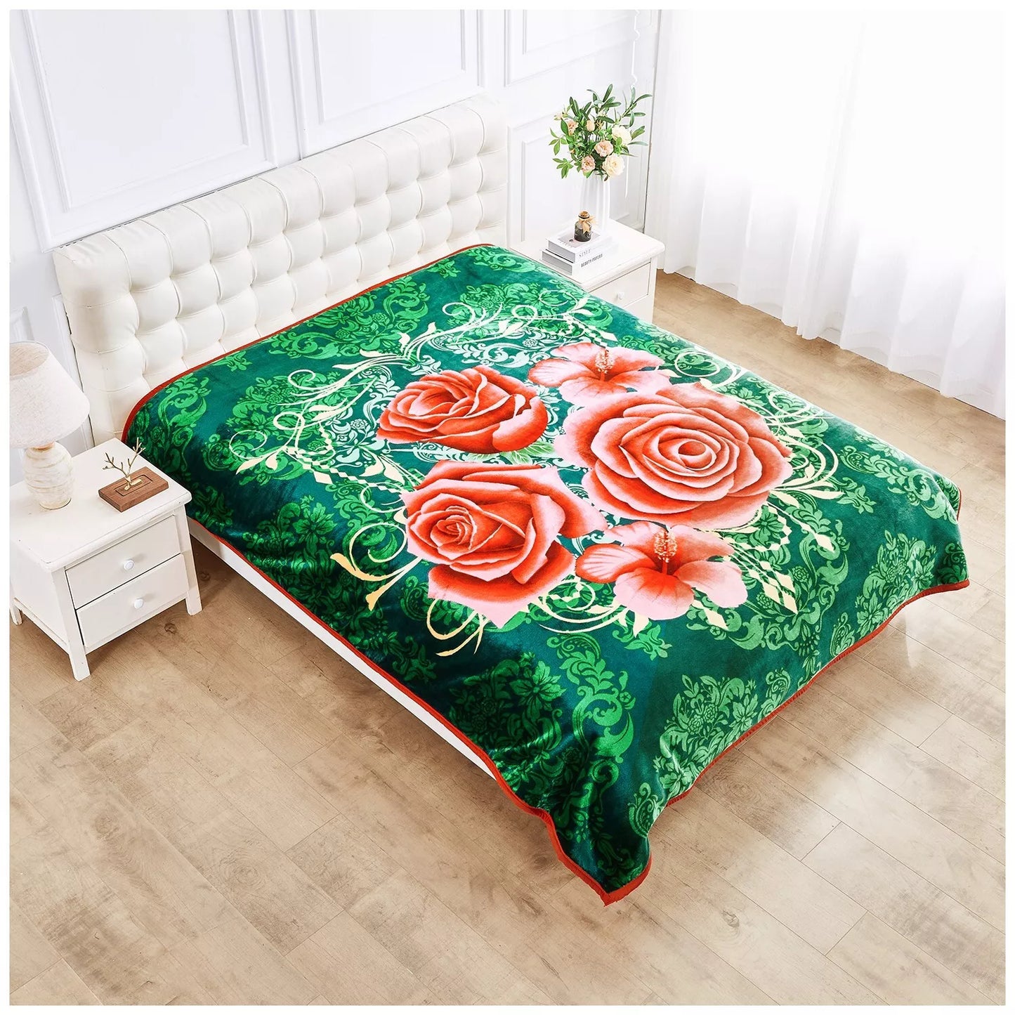 Floral Red and Green Reversible 4KG Soft Embossed Heavyweight Blanket