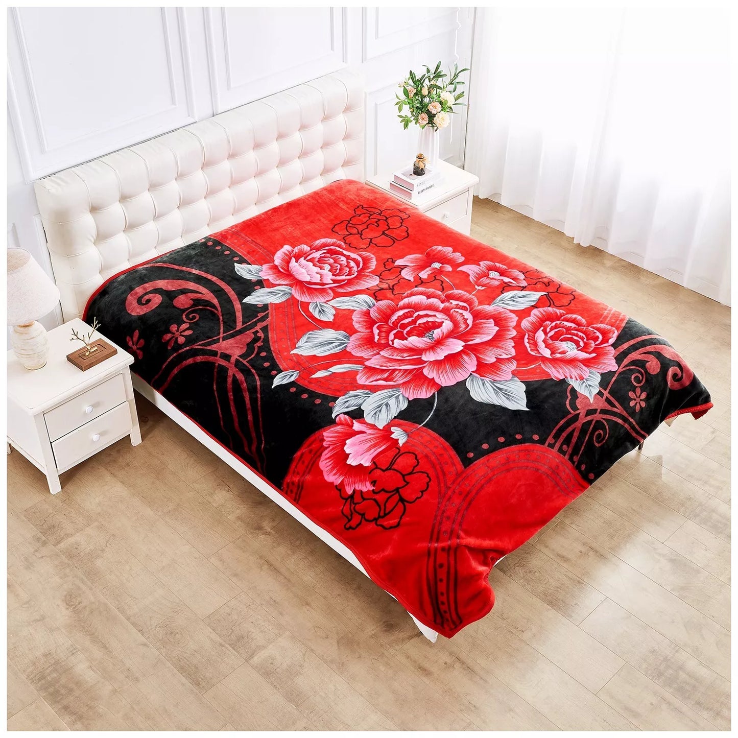 Floral Red and Green Reversible 4KG Soft Embossed Heavyweight Blanket
