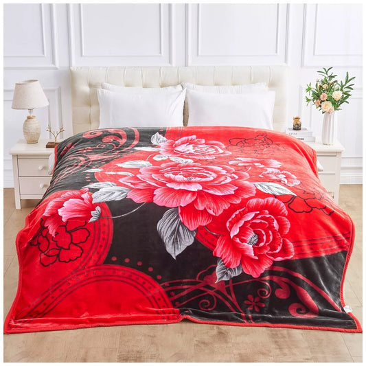 Floral Red and Green Reversible 4KG Soft Embossed Heavyweight Blanket