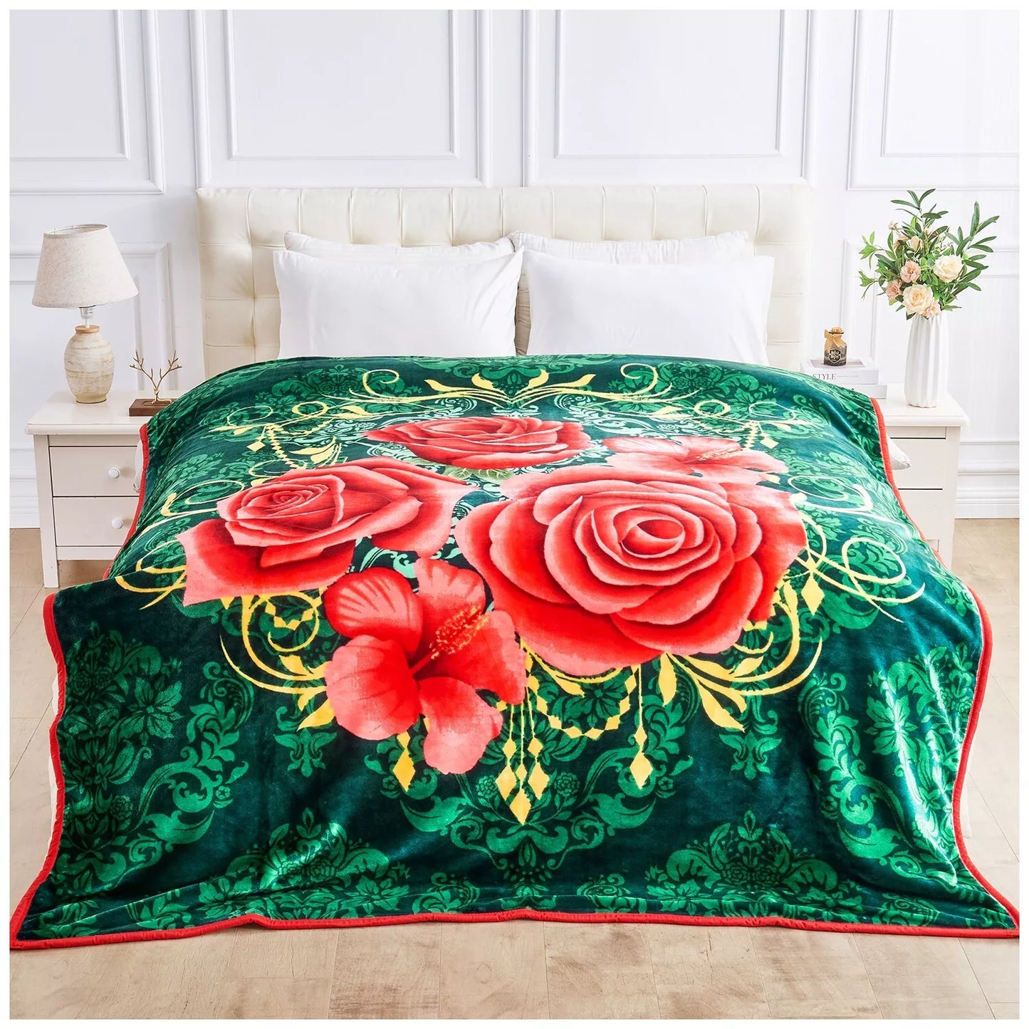 Floral Red and Green Reversible 4KG Soft Embossed Heavyweight Blanket