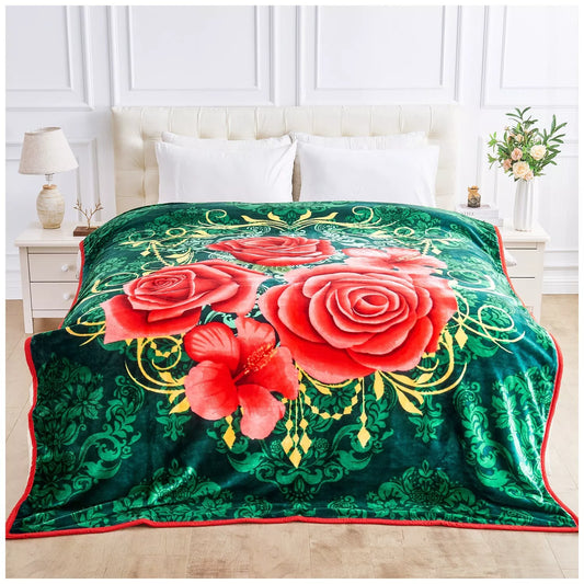 Floral Red and Green Reversible 4KG Soft Embossed Heavyweight Blanket