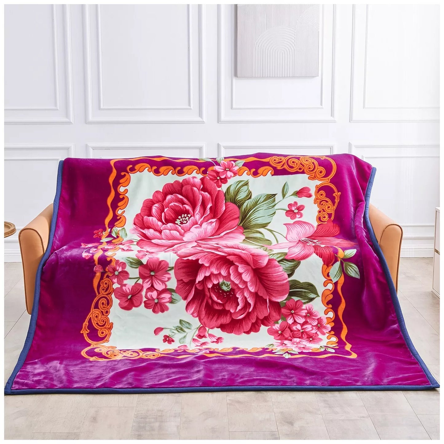 Floral Blue and Purple Reversible 4KG Soft Embossed Heavyweight Blanket