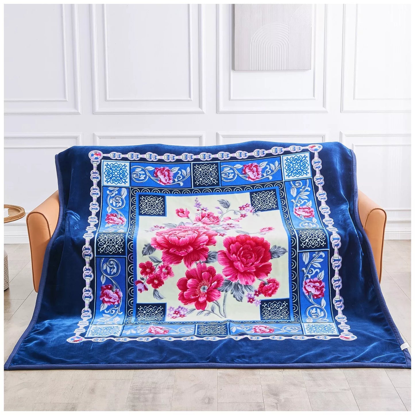 Floral Blue and Purple Reversible 4KG Soft Embossed Heavyweight Blanket