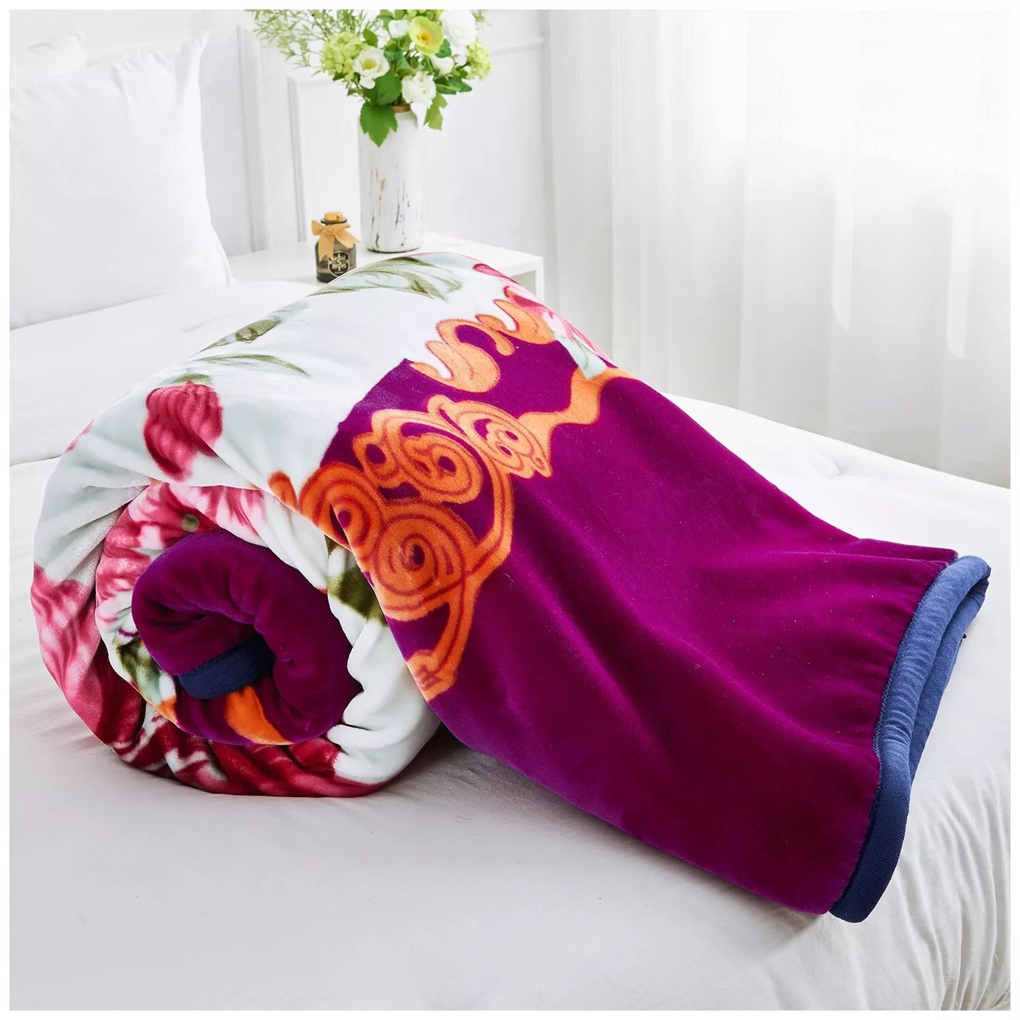 Floral Blue and Purple Reversible 4KG Soft Embossed Heavyweight Blanket