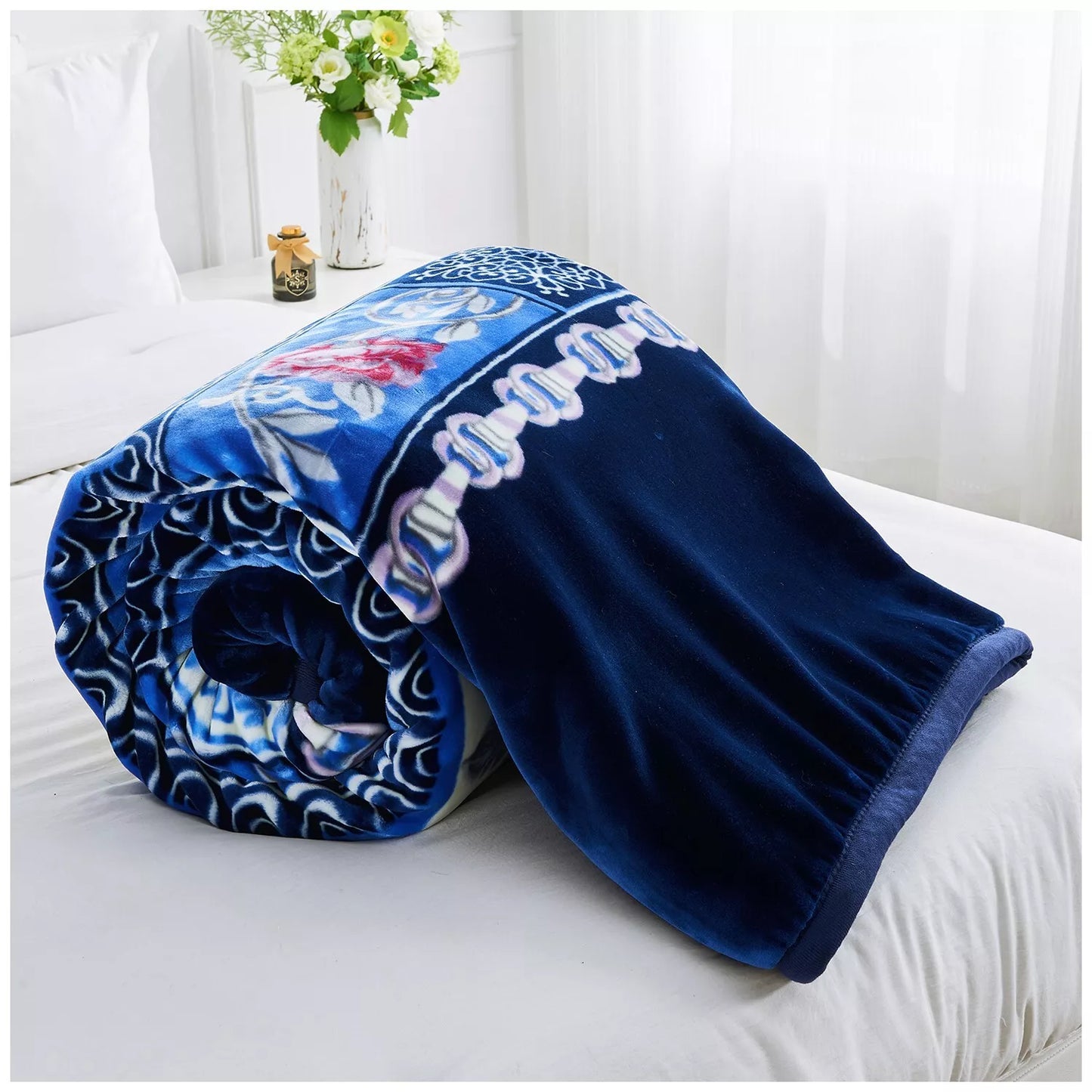 Floral Blue and Purple Reversible 4KG Soft Embossed Heavyweight Blanket