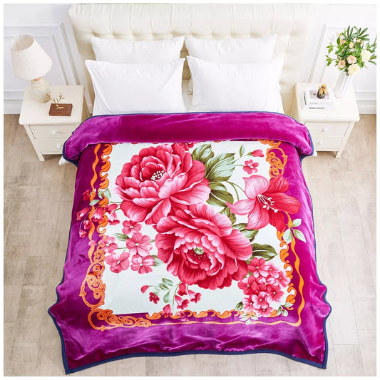 Floral Blue and Purple Reversible 4KG Soft Embossed Heavyweight Blanket