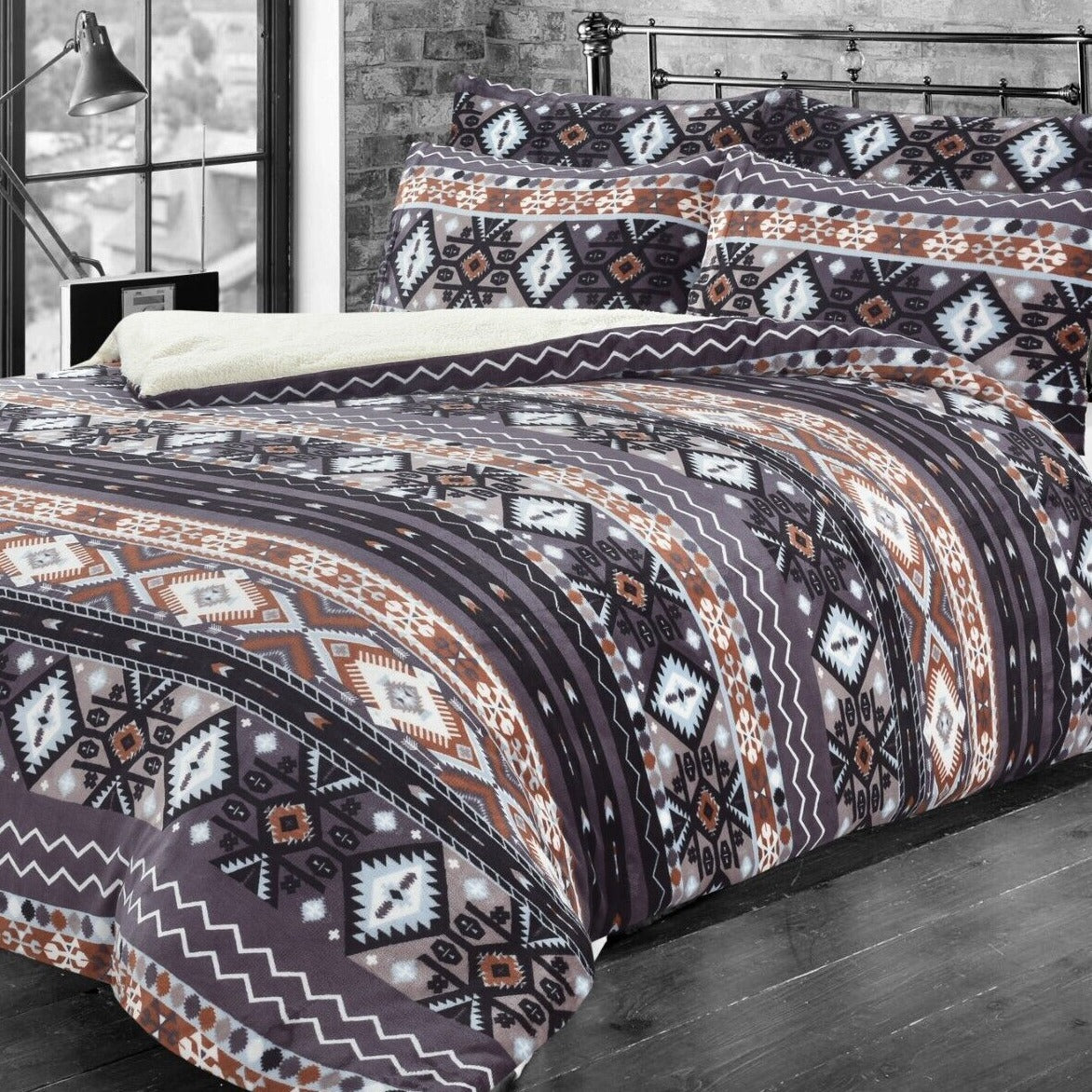 Aztec Printed Teddy Duvet Set With Reversible Sherpa Fleece Fur
