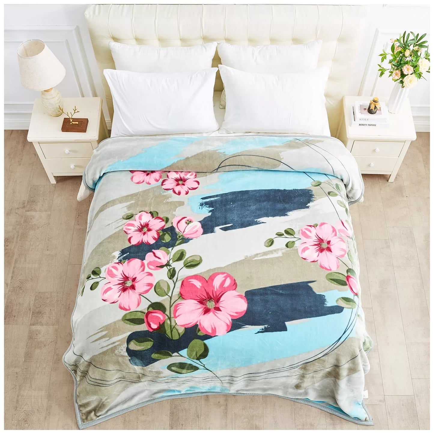 Floral Brown and Blue Reversible 4KG Soft Embossed Heavyweight Blanket