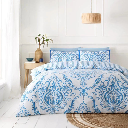Margaux Blue Damask Stripe Reversible Duvet Set