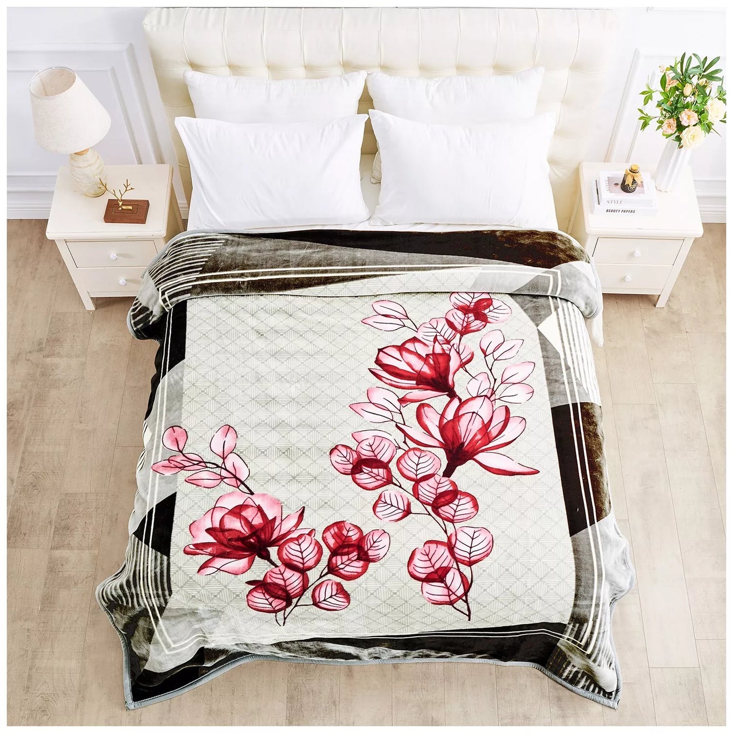 Floral Brown and Blue Reversible 4KG Soft Embossed Heavyweight Blanket