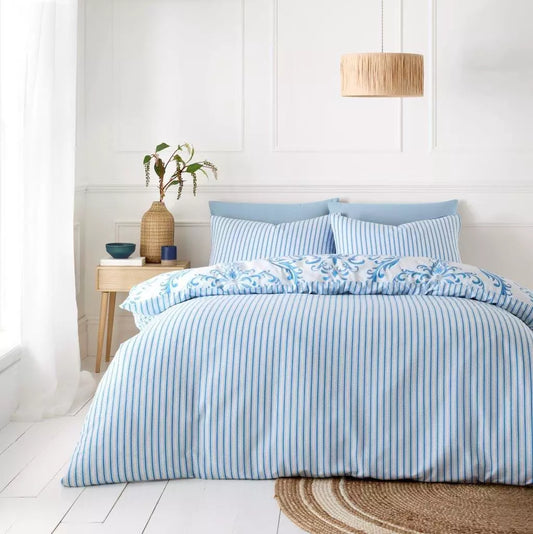 Margaux Blue Damask Stripe Reversible Duvet Set