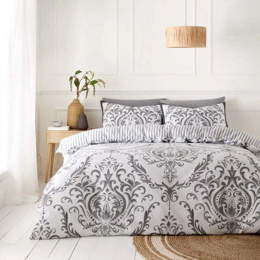 Margaux Grey Damask Stripe Reversible Duvet Set