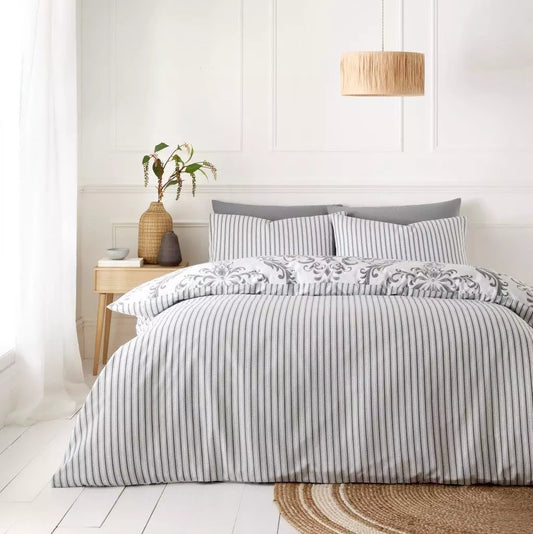 Margaux Grey Damask Stripe Reversible Duvet Set