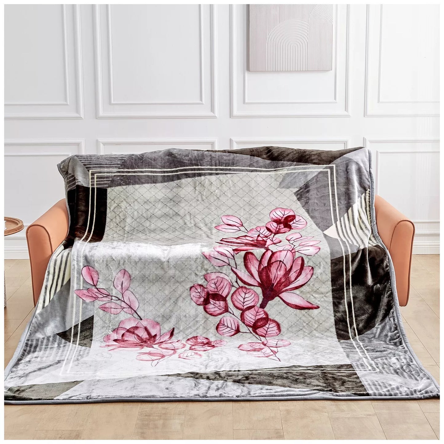Floral Brown and Blue Reversible 4KG Soft Embossed Heavyweight Blanket