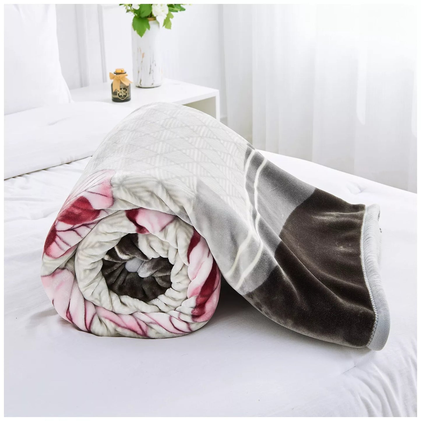 Floral Brown and Blue Reversible 4KG Soft Embossed Heavyweight Blanket