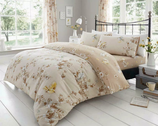 Natural Brown Birdie Blossom Floral Reversible Duvet Set