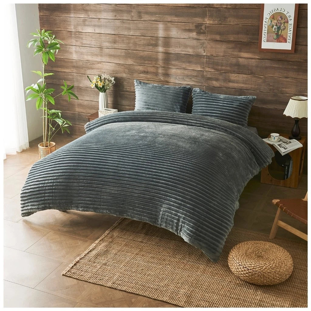 Chunky Rib Teddy Fleece Duvet Set Charcoal