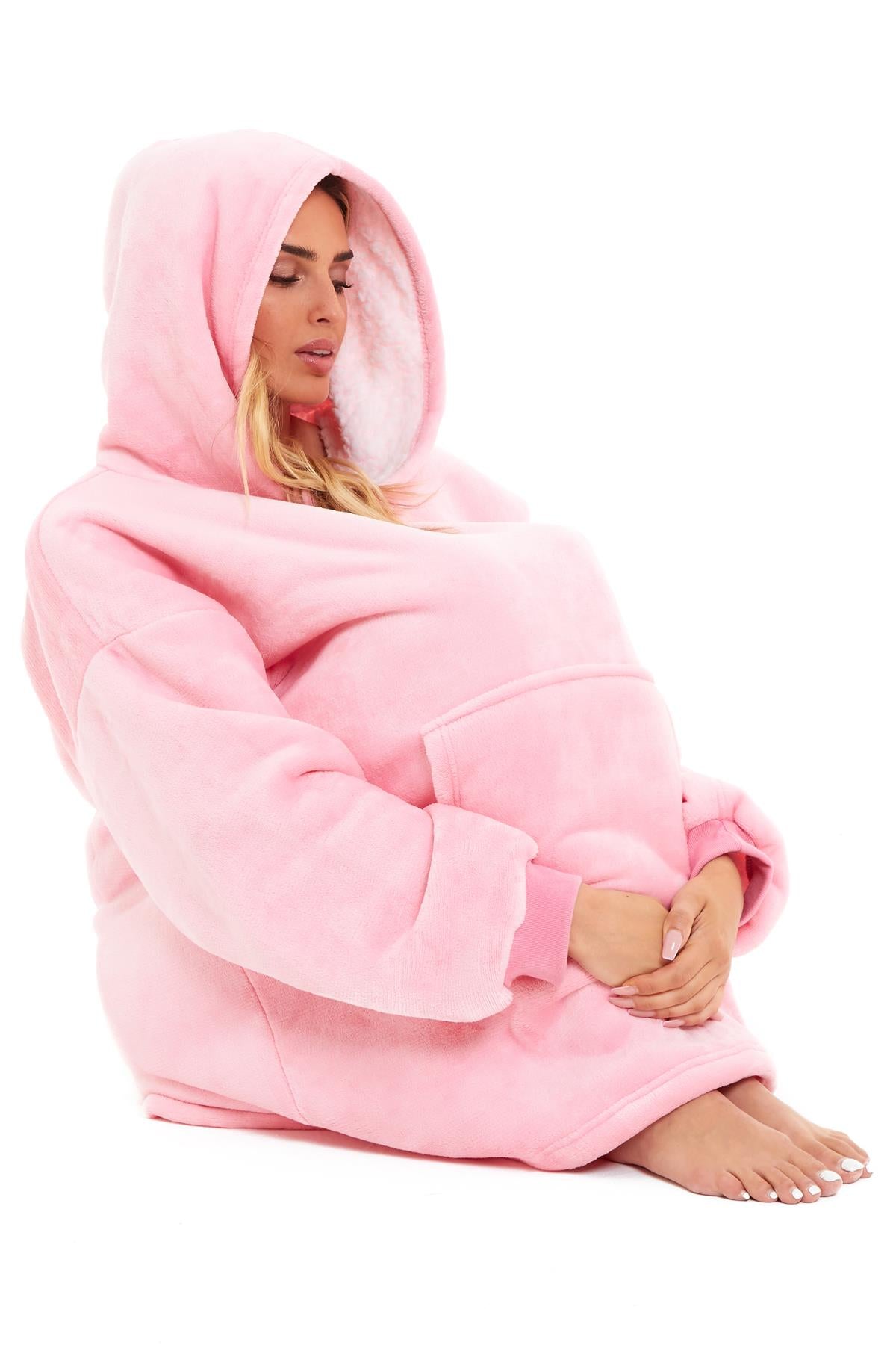 Pink Oversized Sherpa Fleece Hoodie Blanket