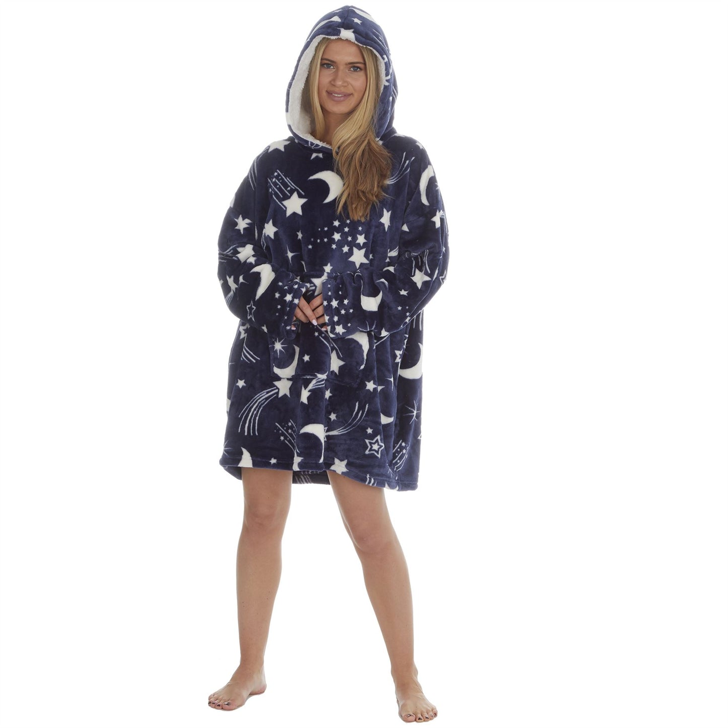 Shooting Stars Navy Oversized Sherpa Fleece Hoodie Blanket