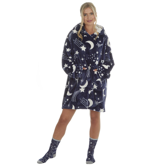 Shooting Stars Navy Oversized Sherpa Fleece Hoodie Blanket