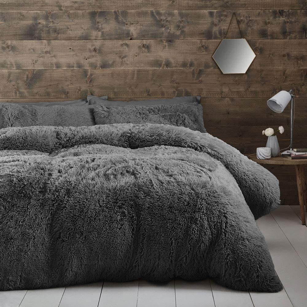 Cuddly Super Soft Reversible Deep Pile Fleece Duvet Set Charcoal