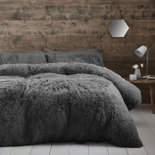 Cuddly Super Soft Reversible Deep Pile Fleece Duvet Set Charcoal