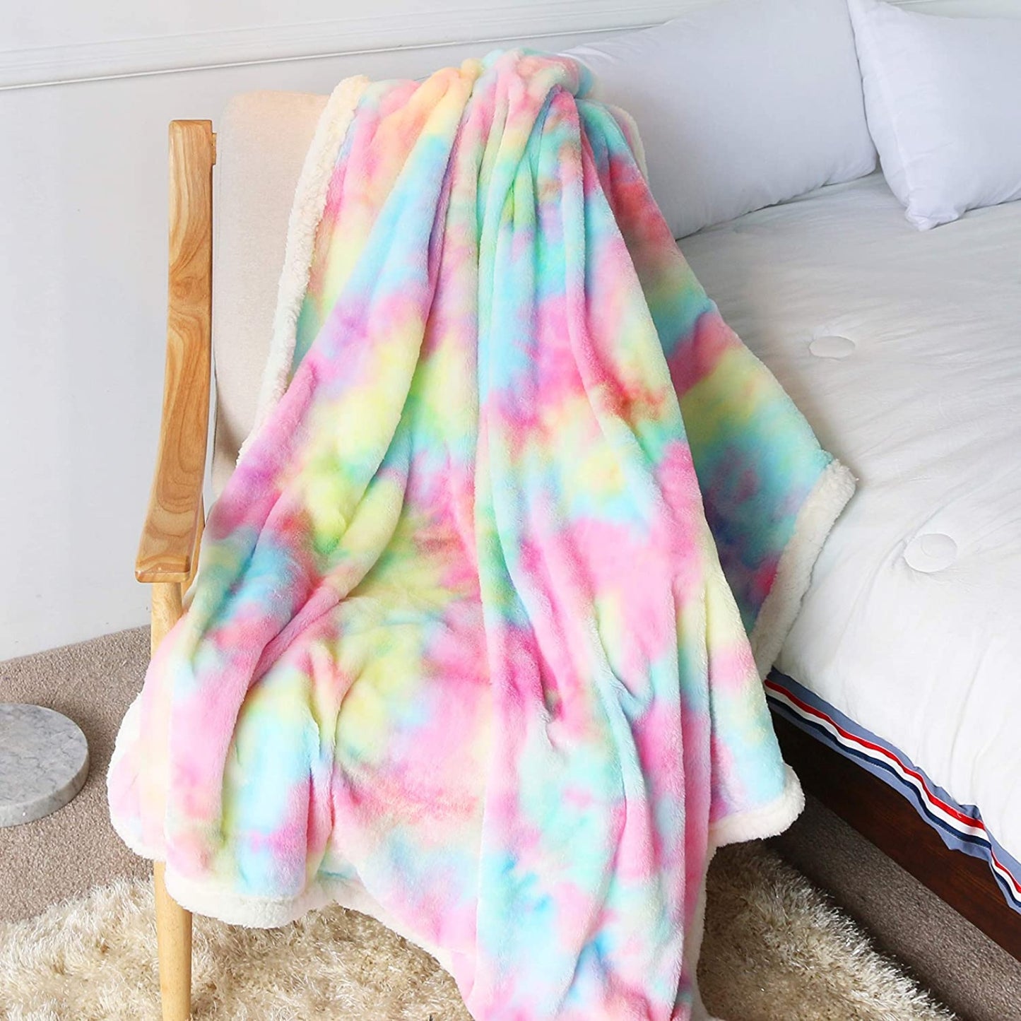 Rainbow Sherpa Fleece Tie-Dye Blanket
