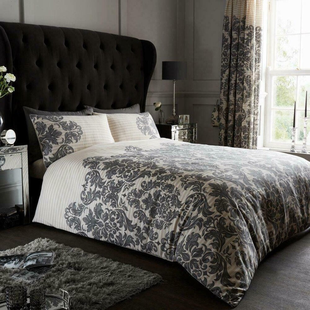 Cream and Grey Empire Damask Reversible Duvet Set