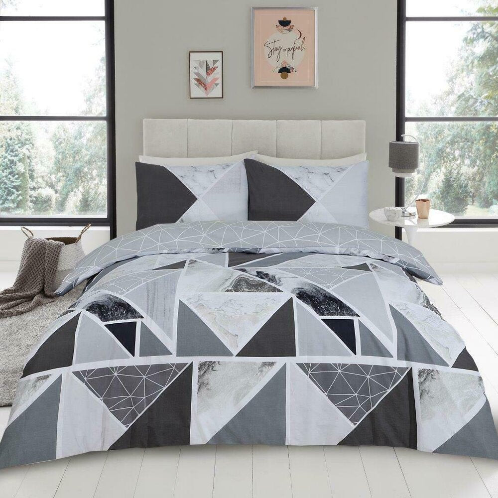 Grey Marble Geometric Mila Reversible Duvet Set