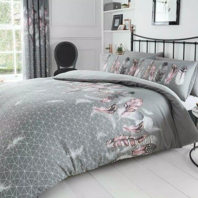 Grey and Pink Feathers Reversible Duvet Set
