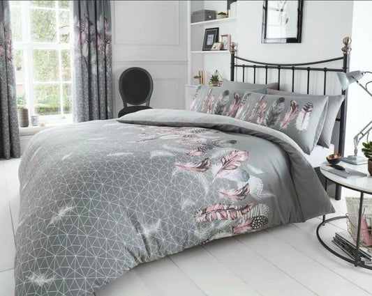 Grey and Pink Feathers Reversible Duvet Set