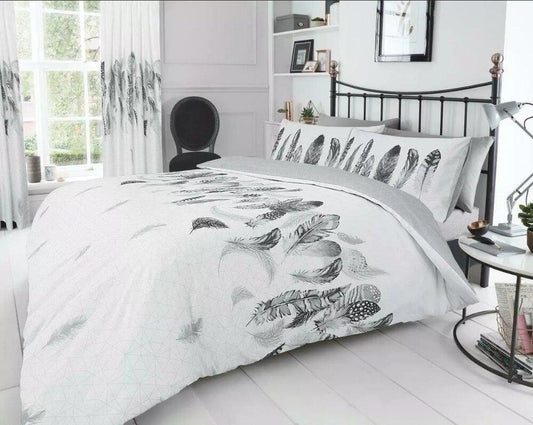 White and Grey Feathers Reversible Duvet Set